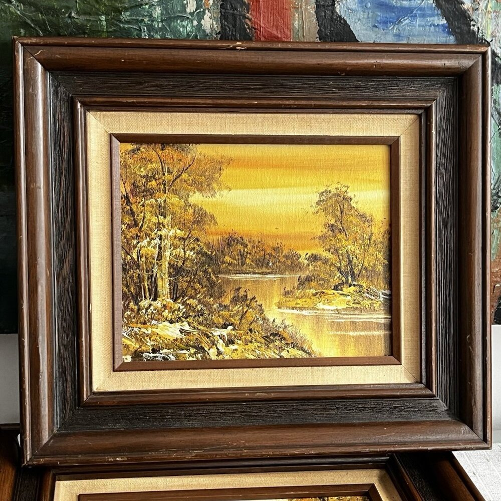 VTG 70s landscape painting Matted framed Dark Wood Yellow Glow Composition